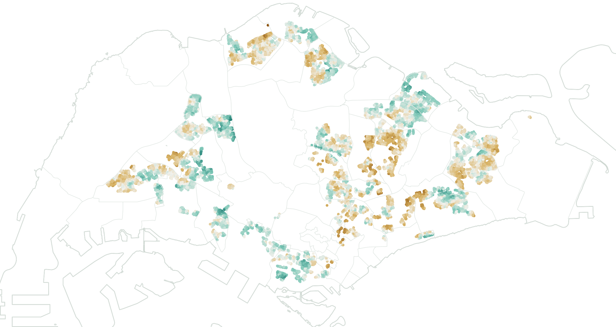 Map of Singapore with every HDB block coloured by its UrbanPulse score