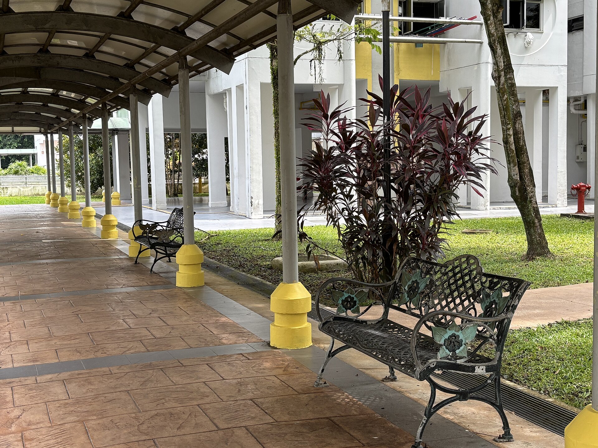 Covered walkway with benches at Ghim Moh